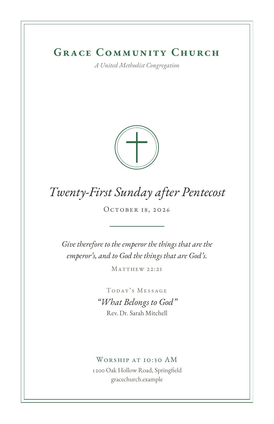 The cover of a Pew Press bulletin for Grace Community Church, with a cross ornament, the Sunday’s name and a verse.