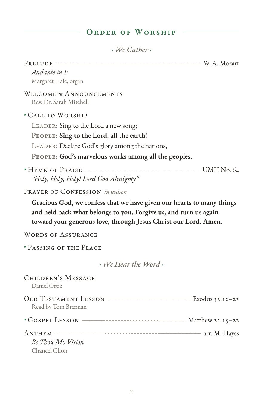 The order of worship inside a Pew Press bulletin, with hymns, readings and the sermon listed in order.