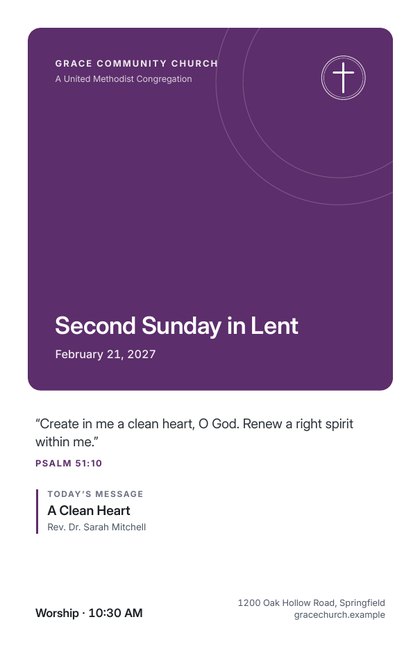 A Modern bulletin cover in Lent colors.